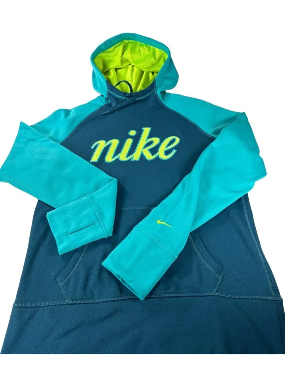 Nike Women's Therma-FIT Colorblock Script Logo Hoodie Teal Blue Neon Volt  SZ  M